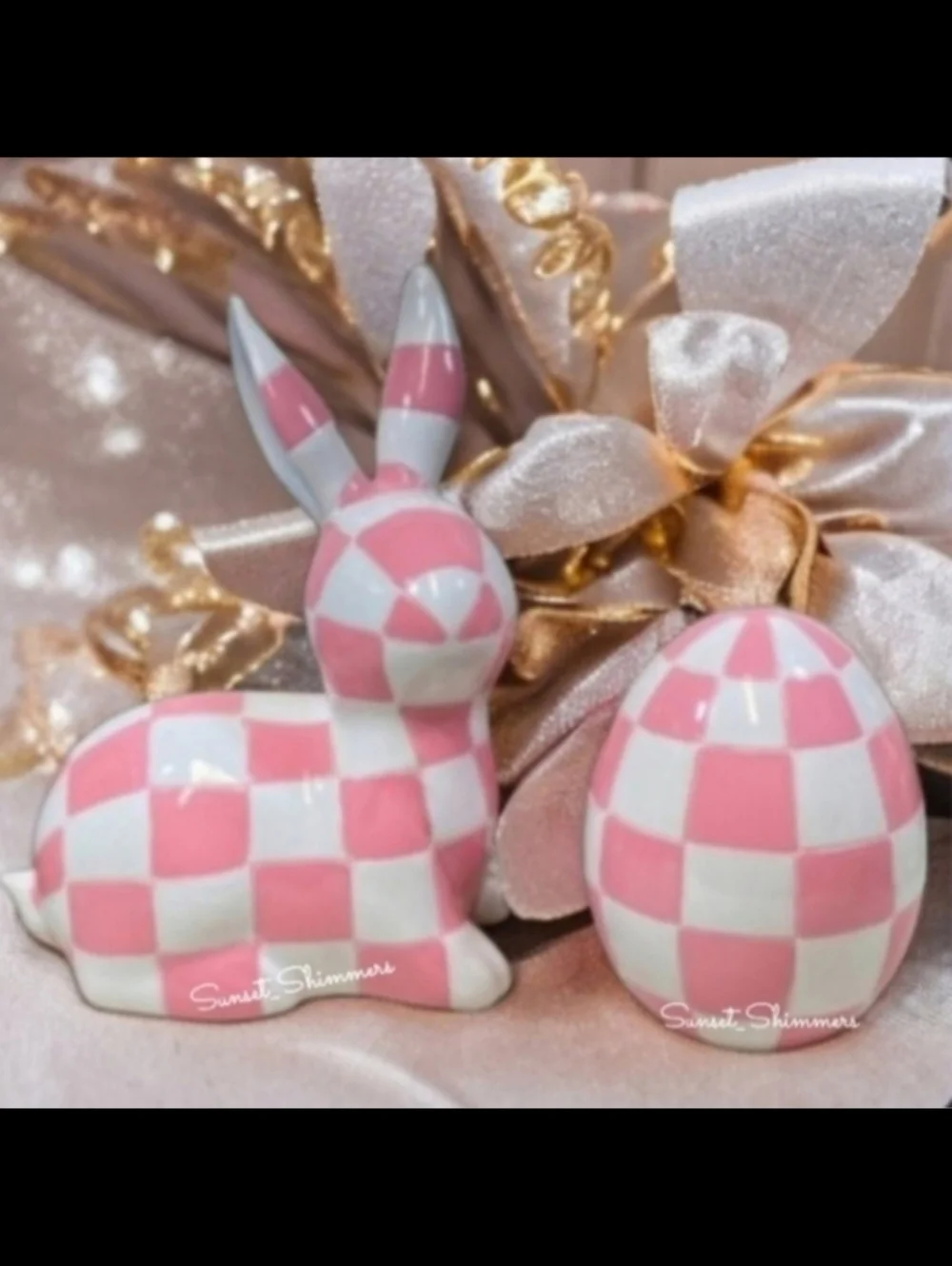 2pc Pink White MacKenzie Style Courtly Check Easter Bunny Rabbit & Egg Decor Set